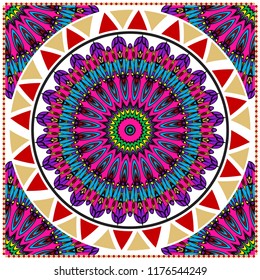 colorful floral ornament with decorative border. Ethnic mandala decoration. For fashion print, bandanna, tablecloth, neck scarf.