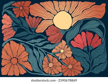 colorful floral ornament, minimalist style, mid century modern, old school, vintage illustration, wall art print, sun and flowers	