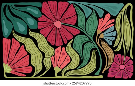 colorful floral ornament, minimalist style, mid century modern, old school, vintage illustration, wall art print	