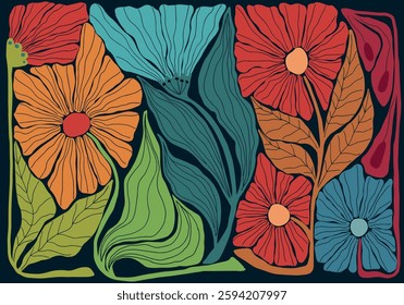 colorful floral ornament, minimalist style, mid century modern, old school, vintage illustration, wall art print	