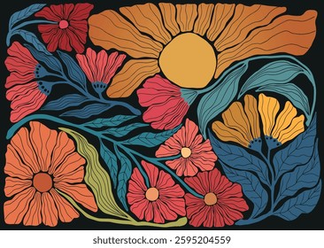 colorful floral ornament, minimalist style, mid century modern, old school, vintage illustration, wall art print	