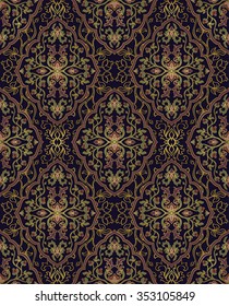Colorful, floral ornament. Template for oriental carpets, textiles, shawl and any surface. Seamless vector pattern of gold contours on a blue background.