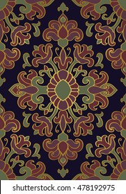 Colorful, floral ornament. Template for oriental carpet, textile, shawl and any surface. Seamless vector pattern of gold contours on a dark blue background.