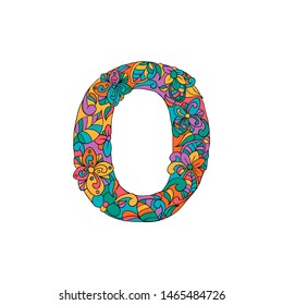 Colorful Floral Ornamental Alphabet, Initial Letter O Font. Vector Typography Symbol. Multicolored Poster for Adults. Isolated Ornament Design for Book Covers