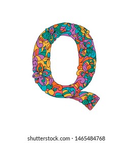 Colorful Floral Ornamental Alphabet, Initial Letter Q Font. Vector Typography Symbol. Multicolored Poster for Adults. Isolated Ornament Design for Book Covers