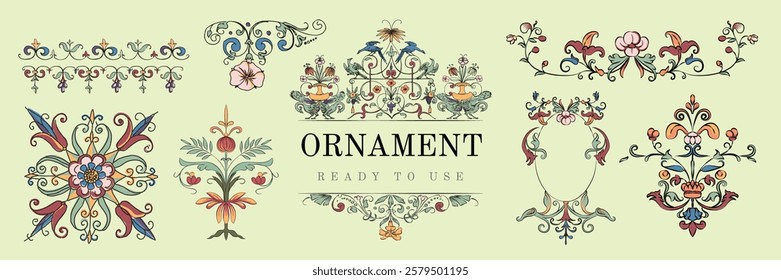 Colorful floral ornaments with intricate designs. Ornamental patterns featuring flowers and swirls. Decorative elements for artistic and creative projects. Decorative illustrations, element vectors.