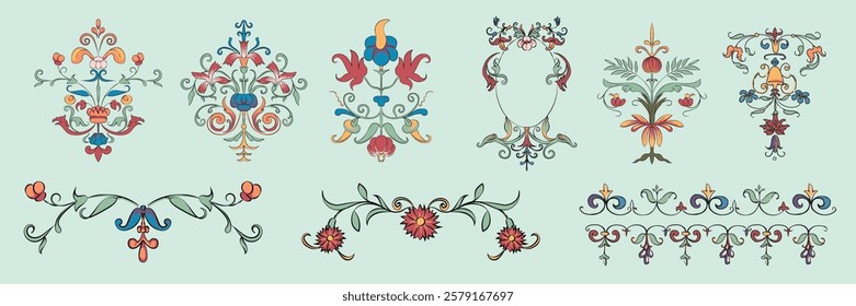 Colorful floral ornaments with intricate patterns. Decorative floral designs feature vibrant colors. Ornamental floral motifs with detailed floral patterns. Decorative illustrations, vector set.