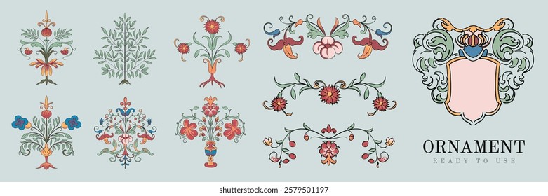 Colorful floral ornaments in various designs. Decoratives include flowers, leaves, and intricate patterns. Perfect for artistic and creative projects. Decorative illustrations, vector set.