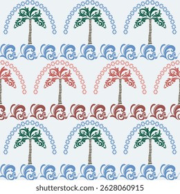 Colorful Floral Palm Tree Seamless Pattern. Abstract Summer. Spring time. Modern Damask Tropical Wave Illustration. Summer palm tree. Tropical Jungle Forest. Seamless Bohemian Textile Design