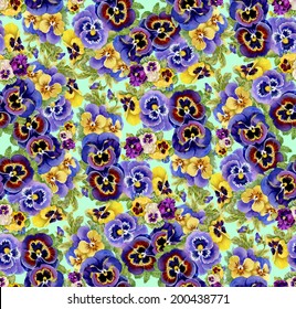 Colorful floral pansy seamless pattern on green background vector