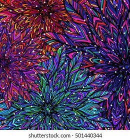 Colorful floral patchwork background. Mandala boho chic style. Rich flower ornament. design elements.