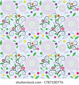 Colorful floral pattern with abstract forms and floral curls, flowers. Seamless vector background, handmade, artistic.