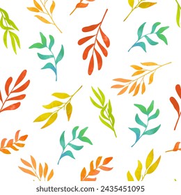 Patrón floral colorido con hojas y ramas abstractas. Vector acuarela ilustración de otoño