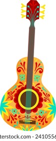 Colorful floral pattern acoustic guitar isolated on white. Vibrant Mexican folk art style decoration. Musical instrument with ornate design vector illustration.