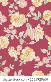 colorful floral pattern background. yellow flowers arranged on a red background.