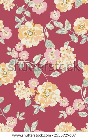 colorful floral pattern background. yellow flowers arranged on a red background.