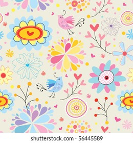 Colorful floral pattern with birds