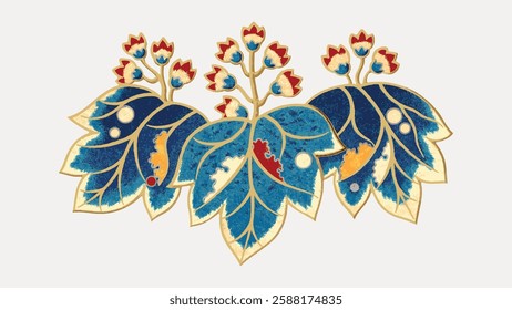 Colorful floral pattern with blue leaves and red flowers. Intricate floral design features blue and red hues. Decorative floral motif with blue and red elements. Vintage botanical illustration vector.