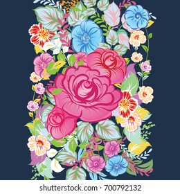 Colorful floral pattern can be used for invitation, card, cover book. Hand drawn flower  background with blossom. Bouquets of roses
