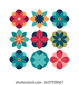 Colorful floral pattern composed of nine different stylized flower designs on a white background