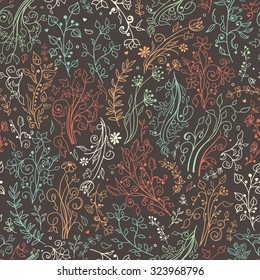 Colorful floral pattern and decorations, leaves, flower ornaments. Vector seamless background with flowers and plants on a dark background. Hand draw texture, doodles.