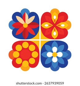 Colorful floral pattern decorative illustration with four blooming flowers in bright summer colors