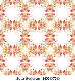 Colorful floral pattern. Decorative wallpaper. Repeating abstract nature emblem. Spring blossom illustration. Creative print for greeting card, wedding invitation, postcard template, wrapping paper.