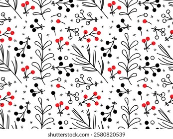 Colorful floral pattern design with red accents on a white background showcasing plants