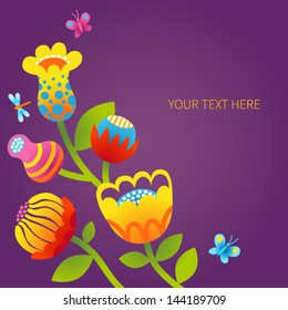 Colorful floral pattern with dragonfly and butterflies. Bright flowers on dark background. It can be used for decorating of invitations, cards, decoration for bags and clothes.