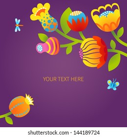 Colorful floral pattern with dragonfly and butterflies. Bright flowers on dark background. It can be used for decorating of invitations, cards, decoration for bags and clothes.