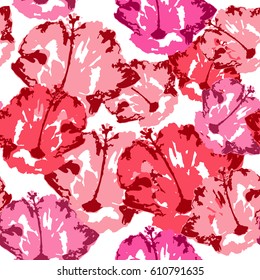Colorful floral pattern exotic background hibiscus flowers. Vector monochrome plant blossoms.