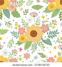 Un patrón floral colorido presenta varias flores con hojas verdes sobre un fondo blanco. La composición muestra una disposición de repetición en un estilo plano.