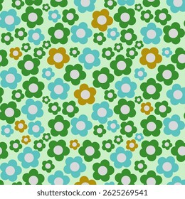 Colorful floral pattern featuring flowers on a light background, creating a playful and cheerful design, suitable for decorative purposes, wallpapers, or textile applications.