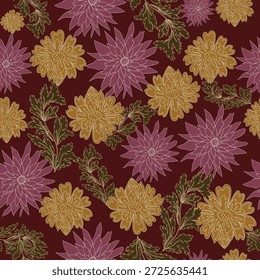 Bunte Blumenmuster mit lebhaften Blumen mit zarten Details und einer fröhlichen, künstlerischen Stimmung. Das Design verbindet lebendige Farben mit einer subtilen Vintage-Note und schafft eine fröhliche und ausdrucksstarke Ästhetik. Perfekt für Kunstdrucke, Bekleidung, Textilien, Wohnkultur