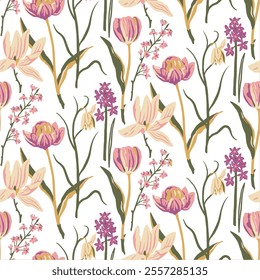 A colorful floral pattern featuring pink and yellow tulips on a white background