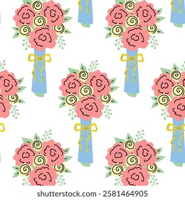 Colorful floral pattern featuring pink roses in blue and yellow arrangement for decor