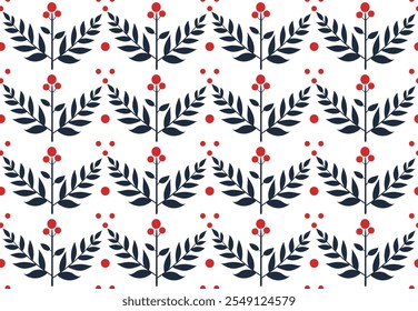 Colorful floral pattern featuring red dots and dark leaves on a white background