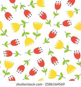 Colorful floral pattern featuring red, yellow flowers and green leaves on a white background suitable for fabric design.