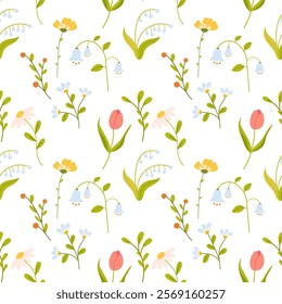 Colorful floral pattern featuring tulips, lilies, and small wildflowers on a light background creating a vibrant design