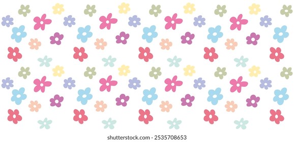 Colorful floral pattern featuring a variety of flowers on a white background, ideal for spring-themed projects or designs