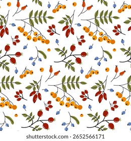 Farbiges Blumenmuster mit verschiedenen Beeren und Blättern auf weißem Hintergrund