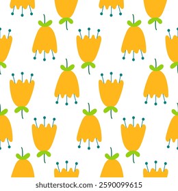Colorful floral pattern featuring yellow flowers and green leaves on a white background suitable for fabric design.
