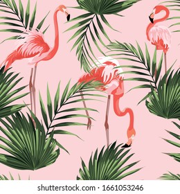 Colorful floral pattern with flamingo and exotic tropical leaves illustration. Fashion ornament on pink background.