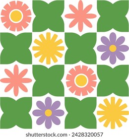 Colorful floral pattern. Flowers and leaves in flat minimalist style. Vector illustration