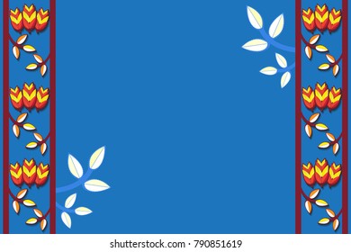 Colorful floral pattern with flowers and spikelets. Vector traditional folk fashion ornament on blue background. Russian folk style. Illustration.