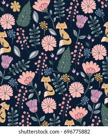 Colorful floral pattern with a fox on a dark background