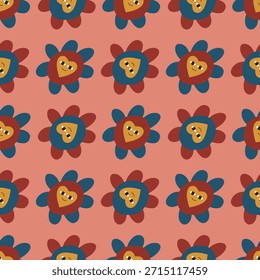 Patrón floral colorido con Ilustración vectorial de caras de corazón. El diseño lúdico utiliza colores llamativos como rojo, azul y amarillo sobre un fondo rosa.