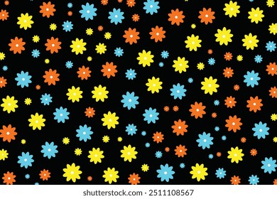 Colorful floral pattern illustration with bright blue, yellow, and orange flowers on a black background vector. Perfect for textile design, digital wallpapers, and creative projects.