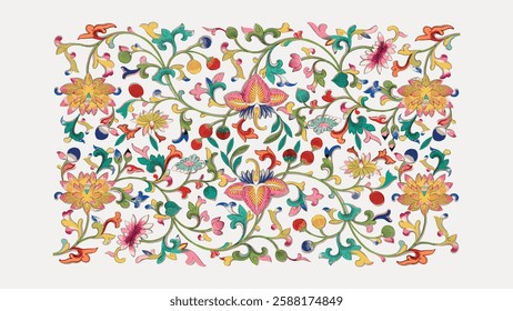 Colorful floral pattern with intricate designs. Floral motifs in vibrant colors. Detailed floral artwork with leaves and flowers. Elegant floral decoration. Vintage botanical illustration vector.