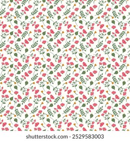 Colorful Floral Pattern with Leaves - Cute Small Flowers on Seamless Background